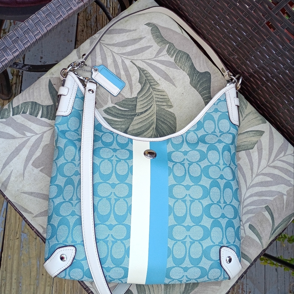 COACH SIGNATURE STRIPED CHELSEA HOBO BAG – BLUE/WHITE NO. F14476 - Picture 17 of 17
